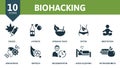 Biohacking icon set. Collection contain meditation, hydrate, biotech, nutrigenomics and over icons. Biohacking elements