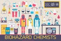 Biohazard chemists in chemistry lab illustration concept set. Science people with equipment icons design. Scientis