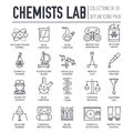 Biohazard chemists in chemistry lab thin line illustration concept set. Science people with equipment icons outline