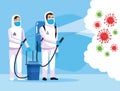 Biohazard cleaning persons with sprayer and covid19 particles