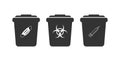 Biohazard containers icons set. Disposal of disposable syringes. For medical waste and box masks.