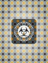 Biohazard icon inside arabic badge background. Arabesque decoration. EPS10