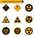 Biohazard radioactive vector icon set in black and yellow color on white background.