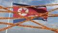 Do not cross biohazard tape lines on the North Korean flag background. Restricted entry or quarantine in North Korea. 3D