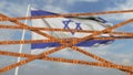 Do not cross biohazard tape lines on the Israeli flag background. Restricted border crossing or quarantine in Israel