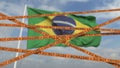Do not cross biohazard tape lines on the Brazilian flag background. Restricted entry or quarantine in Brazil. Conceptual