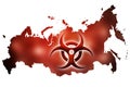 Biohazard sign against the background of a contour map of Russia with a red glow. The concept of a new outbreak of diseases and