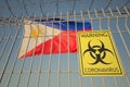 Coronavirus biohazard sign with flag of the Philippines as a background. Quarantine, conceptual 3D rendering