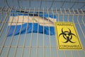 Coronavirus biohazard sign with flag of Nicaragua as a background. Nicaraguan medical quarantine, conceptual 3D