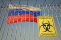 Coronavirus biohazard sign with flag of Russia as a background. Russian Quarantine, conceptual 3D rendering