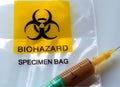 Biohazard specimen bag with a syringe and brown liquid