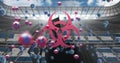 Biohazard symbol and covid-19 cells floating over silhouette of fans cheering against sports stadium