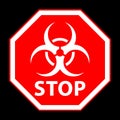 Biohazard symbol on red octagon on black background with the word \