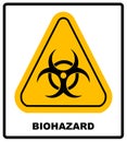 Biohazard symbol sign of biological threat alert, black yellow triangle signage text, isolated