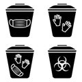 Biohazard waste disposal. Bin, with the symbol of infectious waste. Disposal of medical supplies. Garbage sorting vector icon set Royalty Free Stock Photo