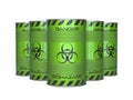 Biohazard waste green barrels with biohazard symbol 3d rendering