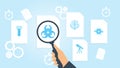 Bioinformatics file, document research vector illustration. Document with search icons. File and magnifying glass. Analytics Royalty Free Stock Photo