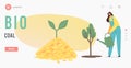 Biological Alternative Fuel Industry, Bio Coal Producing Landing Page Template. Tiny Female Character Watering Tree