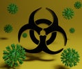 A biological hazard, or biohazard symbol with virus scattered