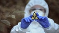 Biological hazard sign in researcher hands, health threat, virus danger, toxin