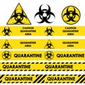 Biological hazard signs and seamless warning tapes for quarantine area set. Stock vector. Royalty Free Stock Photo