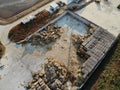 Basin or tank sedimentation tanks. Aerial top view of round polls in wastewater treatment plant, filtration of dirty or Royalty Free Stock Photo