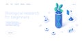 Biological research concept in isometric vector illustration. Scientist looking through microscope at plant dna spiral. Web banner