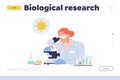 Biological research landing page design template with female scientist looking through microscope