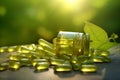 Biologically active supplement pills for healthy eyes on green luscious background Royalty Free Stock Photo