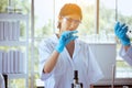 Biologist beautiful asian women research and working with medical chemicals sample test at laboratary room,Selective focus Royalty Free Stock Photo