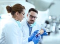 Biologist examining samples in petri dishes in laboratory Royalty Free Stock Photo