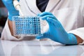 Biologist pipetting samples in micro plate in the laboratory