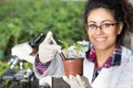 Biologist pouring chemicals in pot with sprout