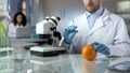 Biologist preparing syringe for injecting orange, food experiment, pesticides Royalty Free Stock Photo