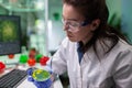 Biologist researcher woman doctor holding petri dish with fluid bacteria