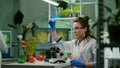 Biologist scientist looking at test sample using microscope