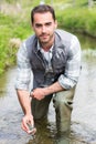 Biologist take a sample in a river in order to do some test