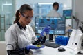 Biologist woman researcher putting liquid sample in petri dish using medical micropippete