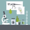 Biology class. Frog, plants, microscope.Vector illustration.