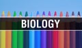 Biology concept with education and back to school concept. Creative educational sketch and Biology text with colorful background.