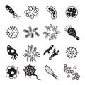 Biology diseases virus and mold bacteria hygiene icon. Biological disease and immune black icons vector set Royalty Free Stock Photo