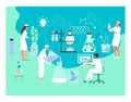 Biology doctor tiny character male female research fellow scientist flat vector illustration. Medical working