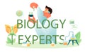Biology experts typographic header. Scientist make laboratory analysis