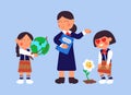 Biology and geography. Kids with teacher, college or preschool children in uniform. Girls love planet and nature