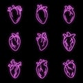 Biology human heart icons set vector neon