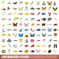 100 biology icons set, flat style