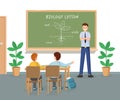 Biology lesson flat vector illustration. Young male teacher explaining plant structure at chalkboard. Cartoon schoolboys Royalty Free Stock Photo