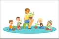 Biology lesson in kindergarten, children looking at plant seedlings. Cartoon detailed colorful Illustrations isolated on Royalty Free Stock Photo