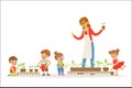 Biology lesson in kindergarten, children looking at plant seedlings. Cartoon detailed colorful Illustrations isolated on Royalty Free Stock Photo
