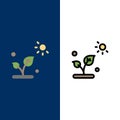 Biology, Plant, Science, Sun  Icons. Flat and Line Filled Icon Set Vector Blue Background Royalty Free Stock Photo